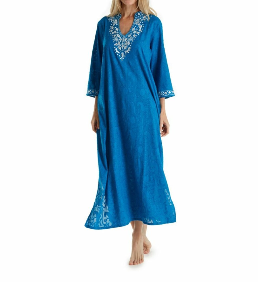 * Shop New La Cera 100% Cotton Woven Embroidered Jacquard Caftan 3117 | Sleepwear